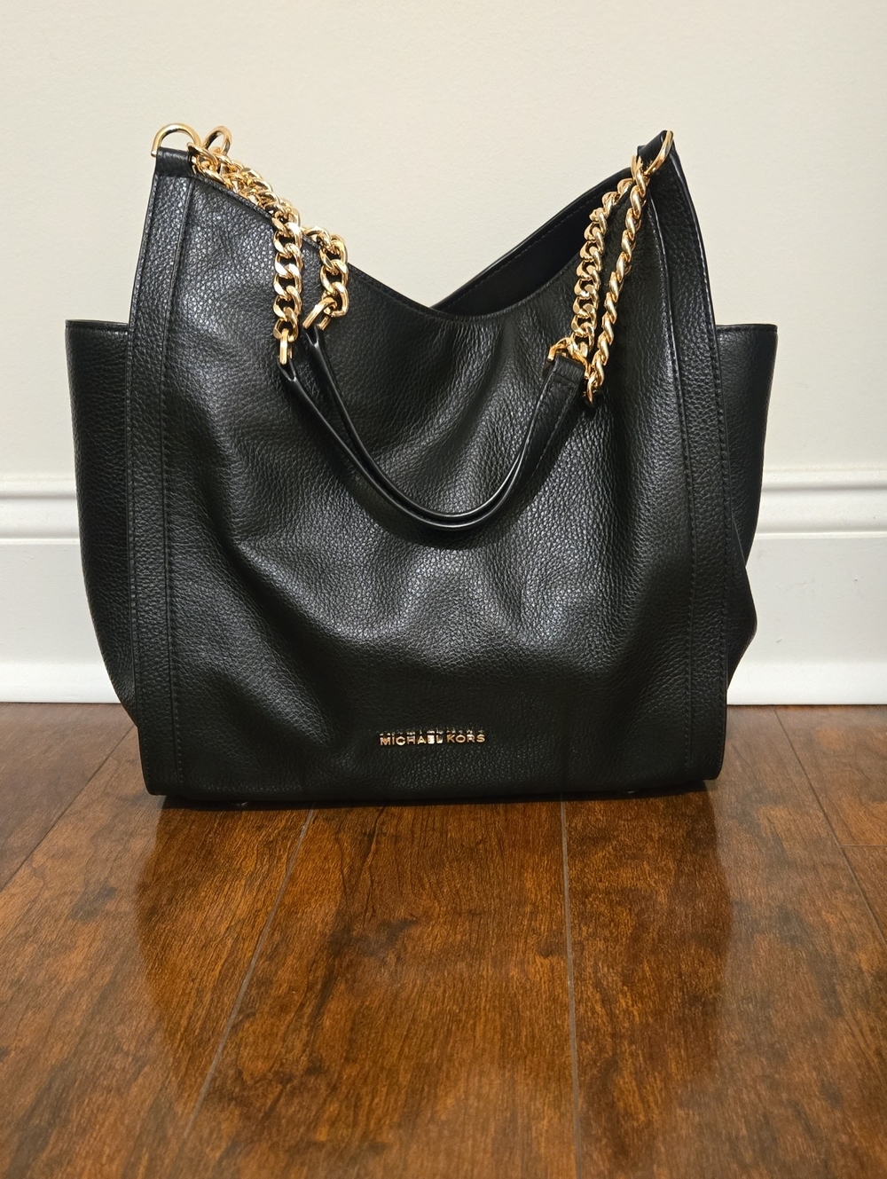 Michael Kors Black Pebbled Leather Tote with Gold Chain Straps